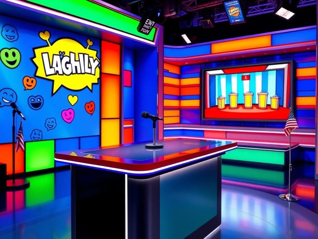 Flick International A vibrant late-night comedy studio set featuring a microphone and colorful graphics