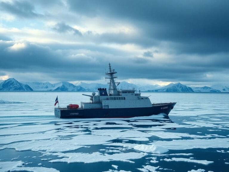 Flick International Icebreaker ship navigating through thick Arctic sea ice against a dramatic sky