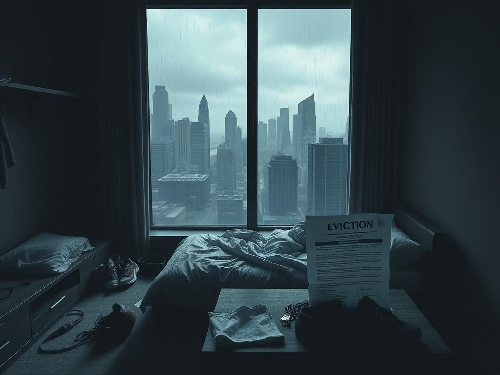 Flick International Dark urban scene depicting a vacant apartment associated with Malik Beasley's eviction and legal issues.