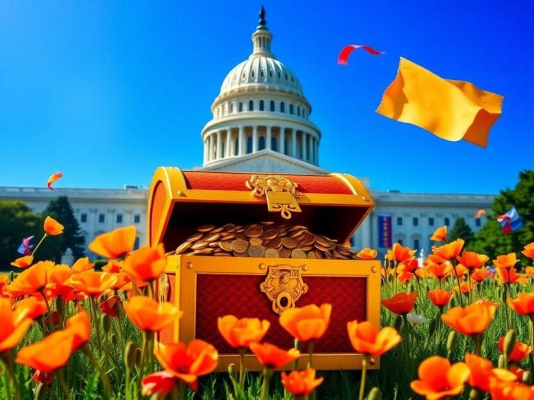 Flick International A vibrant scene of the California State Capitol with a golden treasurer’s chest and blooming California poppies.