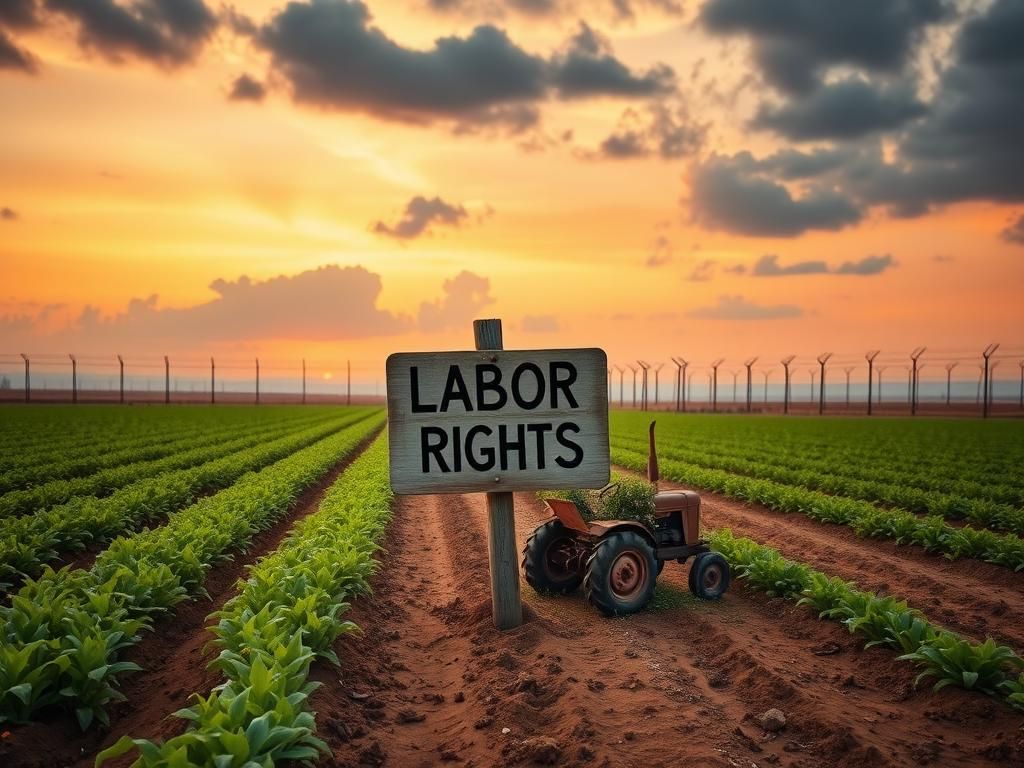Flick International Expansive agricultural landscape at dawn with green crops and a weathered sign about labor rights