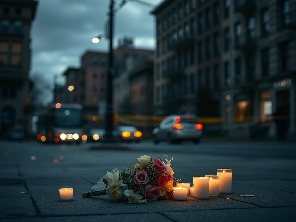 Flick International A somber urban scene capturing a bouquet of flowers on the pavement amidst flickering candles in Washington D.C.