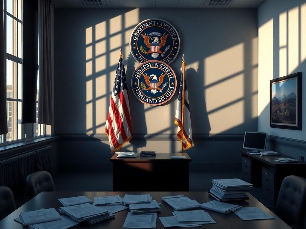 Flick International Empty immigration office with U.S. flags and DHS seal
