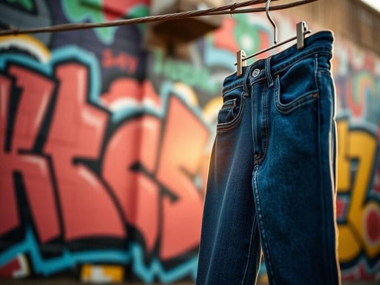 Flick International Close-up of stylish American Eagle jeans on a rustic wooden clothesline with vibrant urban graffiti in the background