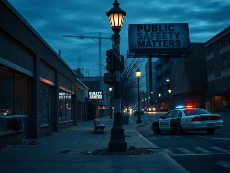 Flick International Somber urban scene of a deserted downtown Cincinnati street at dusk with closed storefronts and police tape.