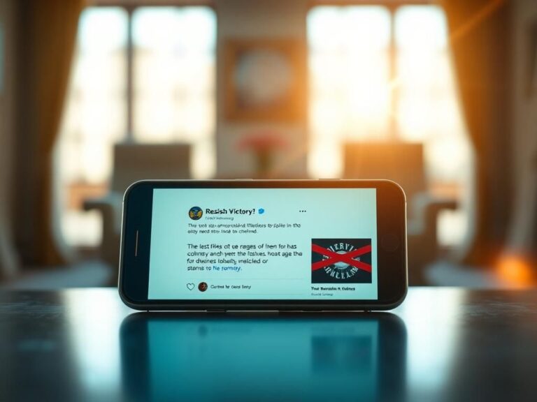 Flick International Close-up of a smartphone displaying a social media post celebrating victory in a softly lit office.