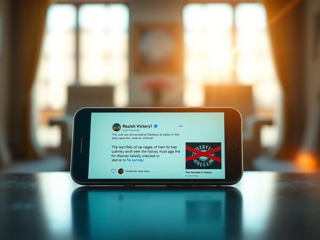 Flick International Close-up of a smartphone displaying a social media post celebrating victory in a softly lit office.