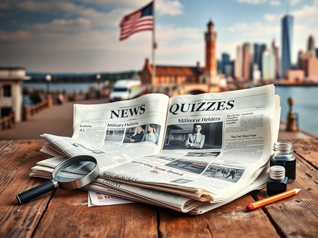 Flick International A vibrant composition of a newspaper on a wooden table surrounded by a magnifying glass and pencil, representing news quizzes.