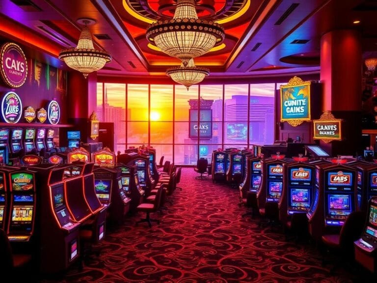 Flick International Interior of a Las Vegas casino showcasing slot machines and gaming tables under vibrant neon lights