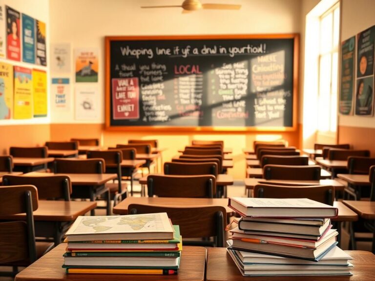 Flick International Classroom setting with empty desks, colorful educational posters, and a chalkboard filled with motivational quotes about learning