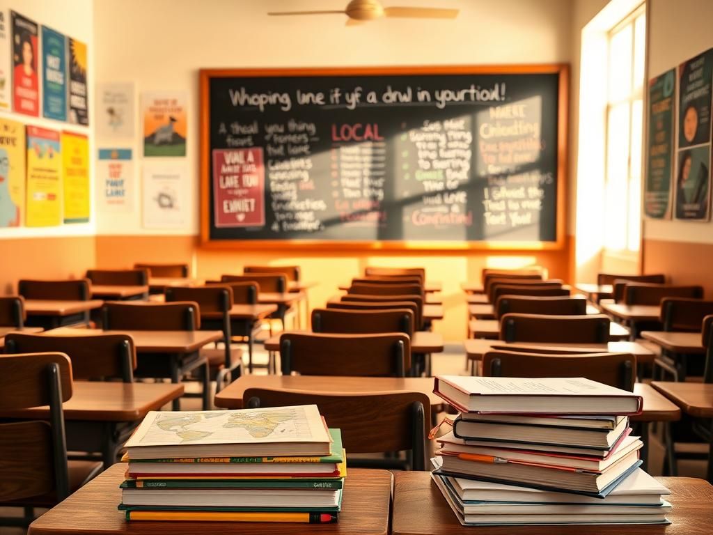 Flick International Classroom setting with empty desks, colorful educational posters, and a chalkboard filled with motivational quotes about learning