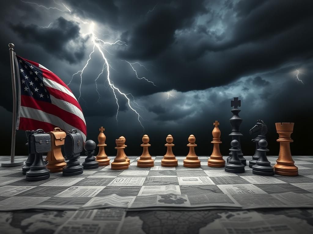 Flick International Geopolitical chessboard with trade symbols amid stormy skies