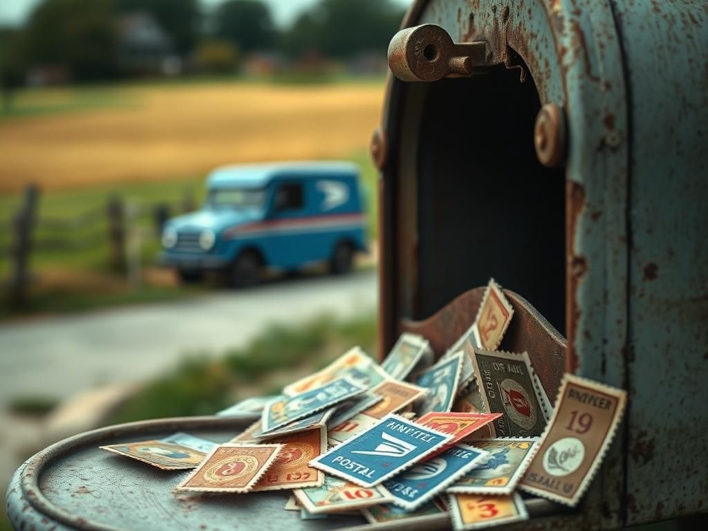 Flick International Close-up of a weathered mailbox with colorful, old-fashioned stamps scattered around, representing rising stamp costs.