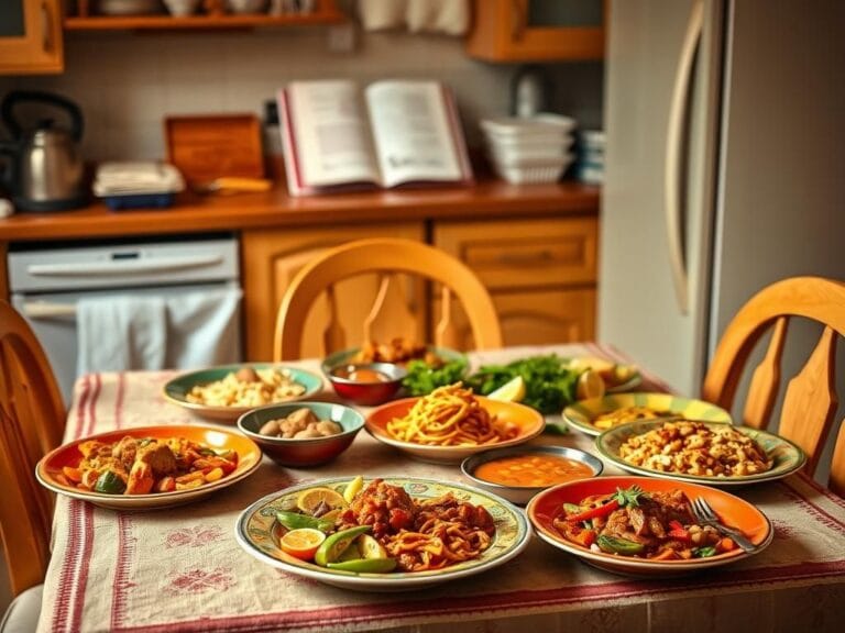 Flick International Cozy kitchen scene featuring a beautifully set dining table with a vibrant home-cooked meal and takeout containers in the background