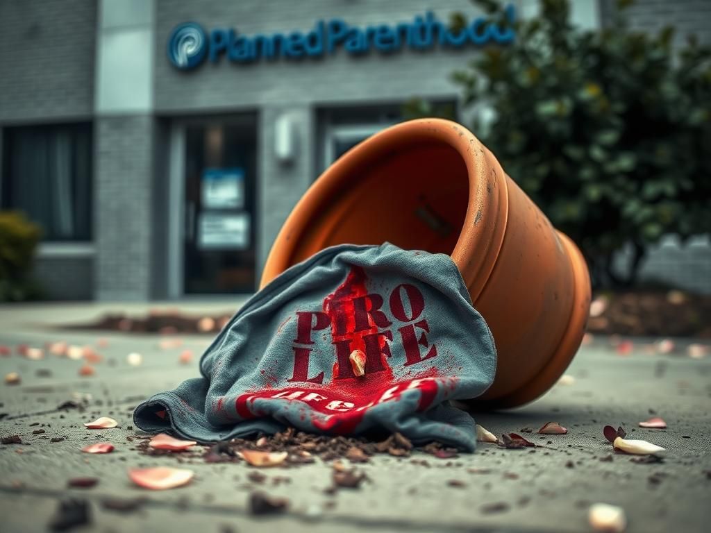 Flick International A tipped-over flowerpot with scattered petals outside a Planned Parenthood clinic in Baltimore, symbolizing aftermath of violence.