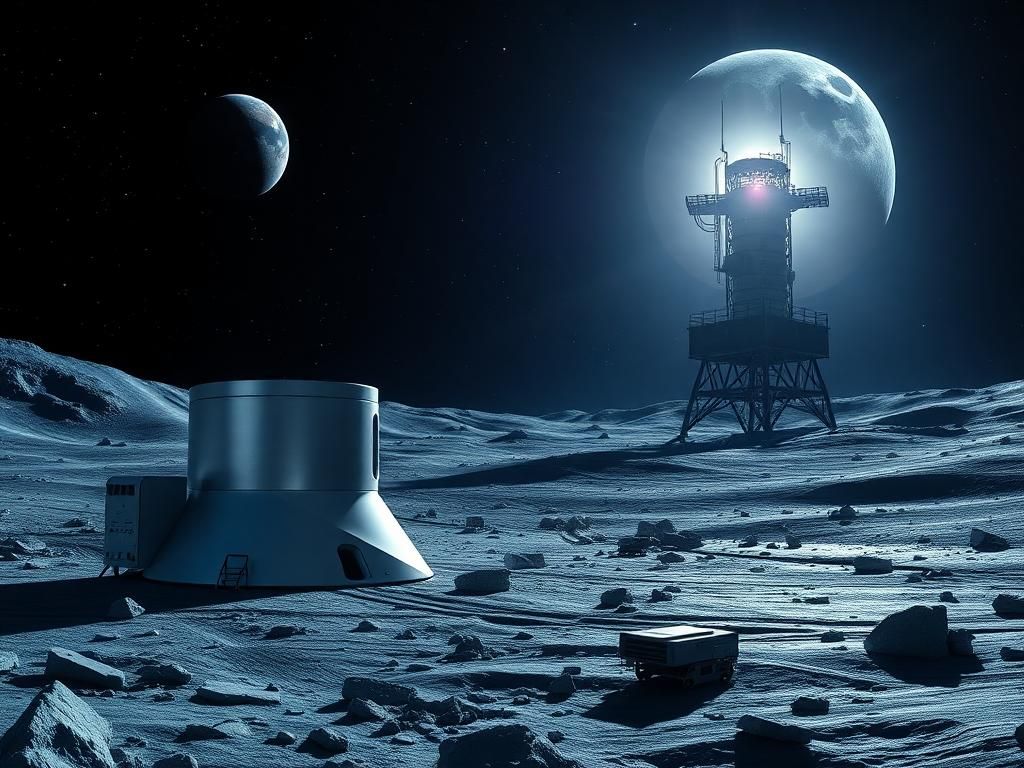 Flick International Futuristic lunar landscape featuring a sleek nuclear reactor and robotic machinery under a starry sky