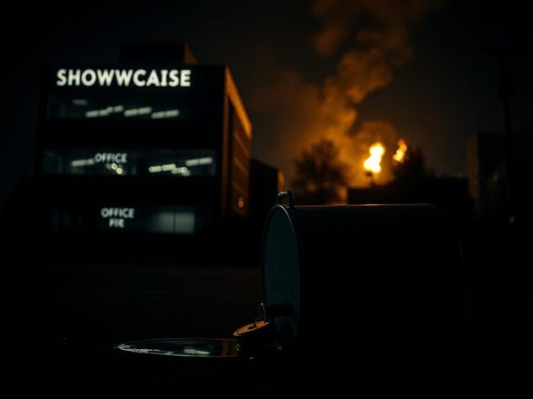 Flick International Dramatic night scene depicting a burned cityscape with a gasoline bucket