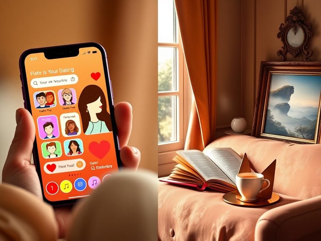 Flick International Split-screen composition contrasting modern dating app excitement with vintage reflection on love
