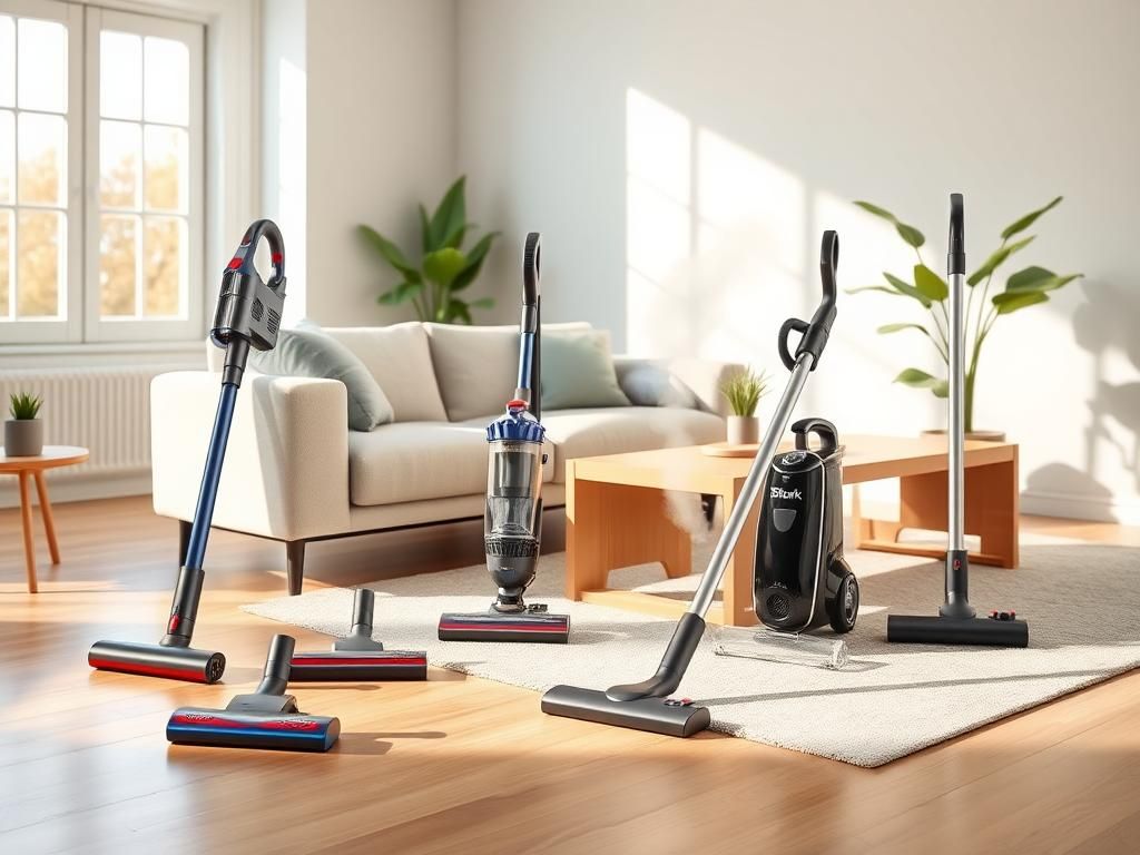 Flick International A modern living room with a Dyson V8 Plus vacuum, Shark NV352 Navigator, and Miele Classic C1 canister vacuum displayed elegantly.