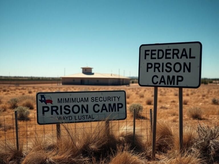 Flick International A stark minimum-security prison camp in Texas under a clear blue sky