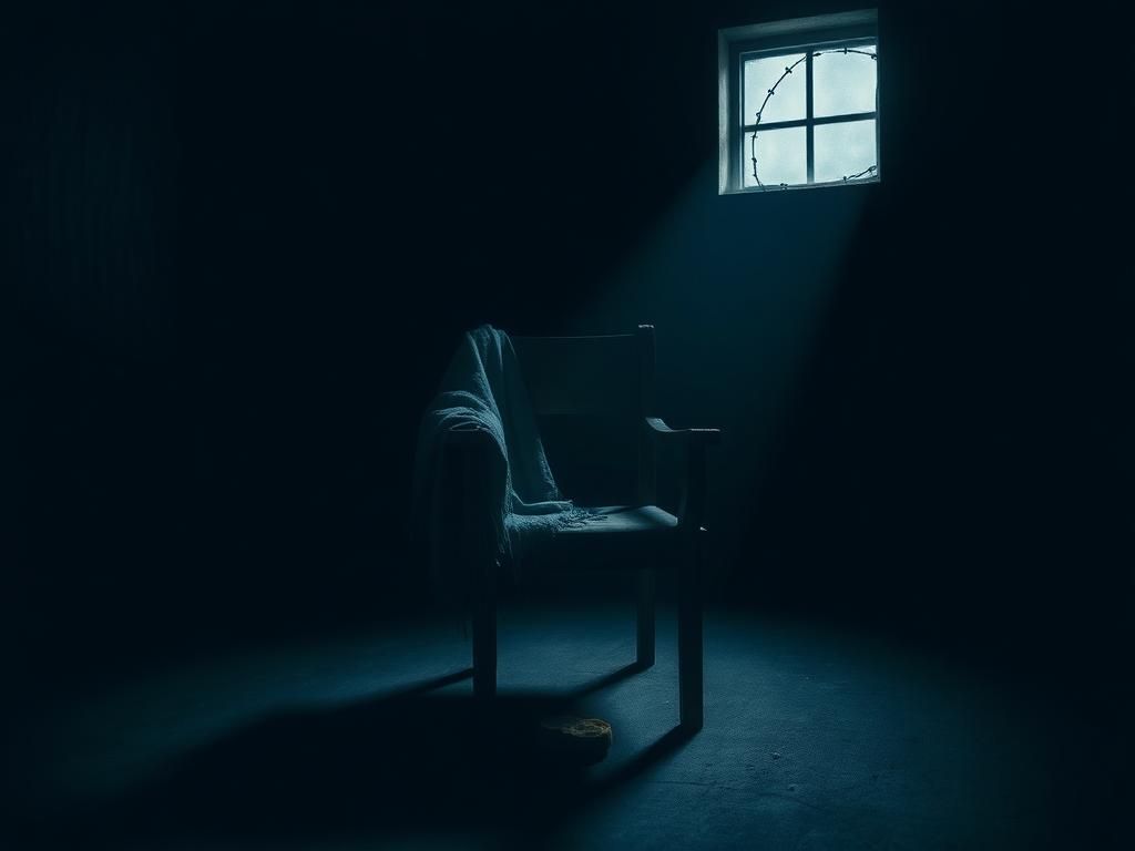 Flick International A dark, desolate room with an empty chair surrounded by shadows, symbolizing despair and neglect.