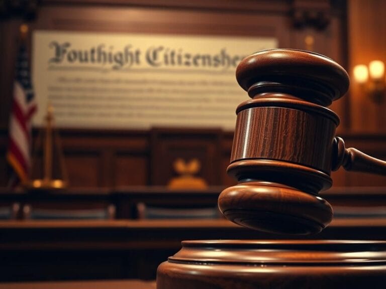 Flick International Courtroom scene depicting a wooden gavel in front of the U.S. Constitution symbolizing justice and citizenship.