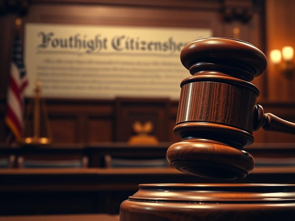 Flick International Courtroom scene depicting a wooden gavel in front of the U.S. Constitution symbolizing justice and citizenship.