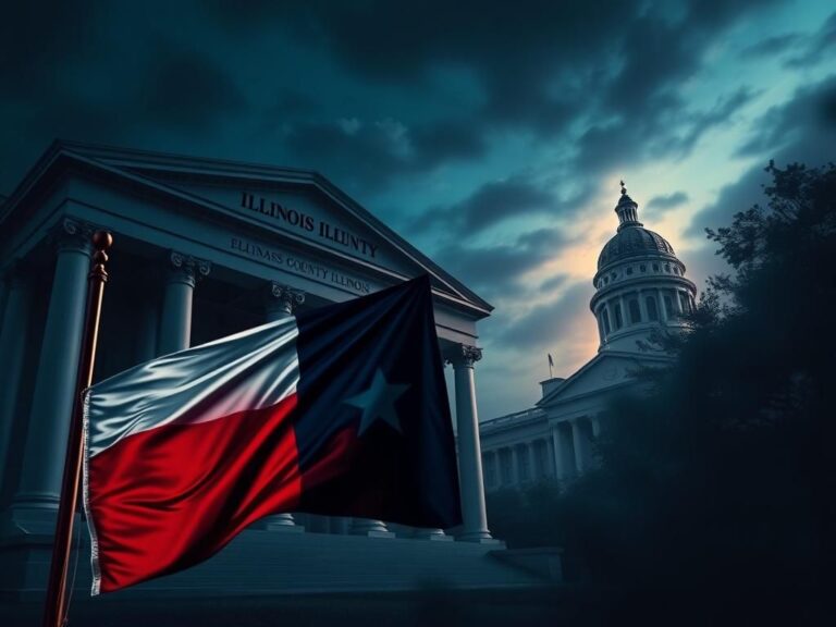 Flick International Courthouse in Adams County, Illinois with Texas flag in the foreground