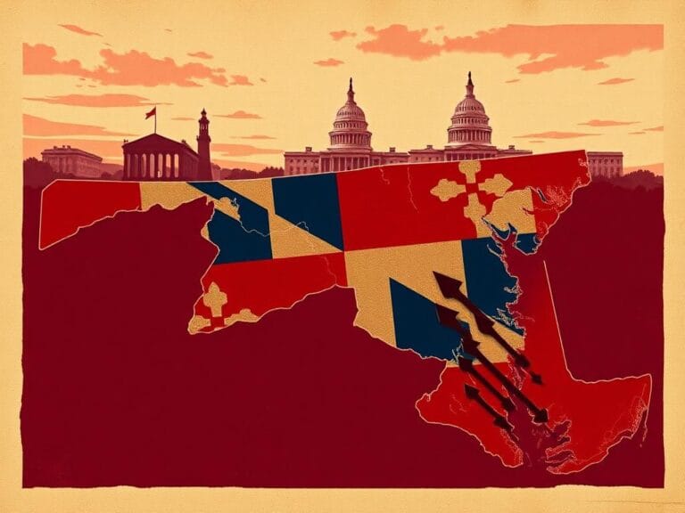 Flick International Conceptual illustration of a detailed map of Maryland showing congressional districts in red and blue.