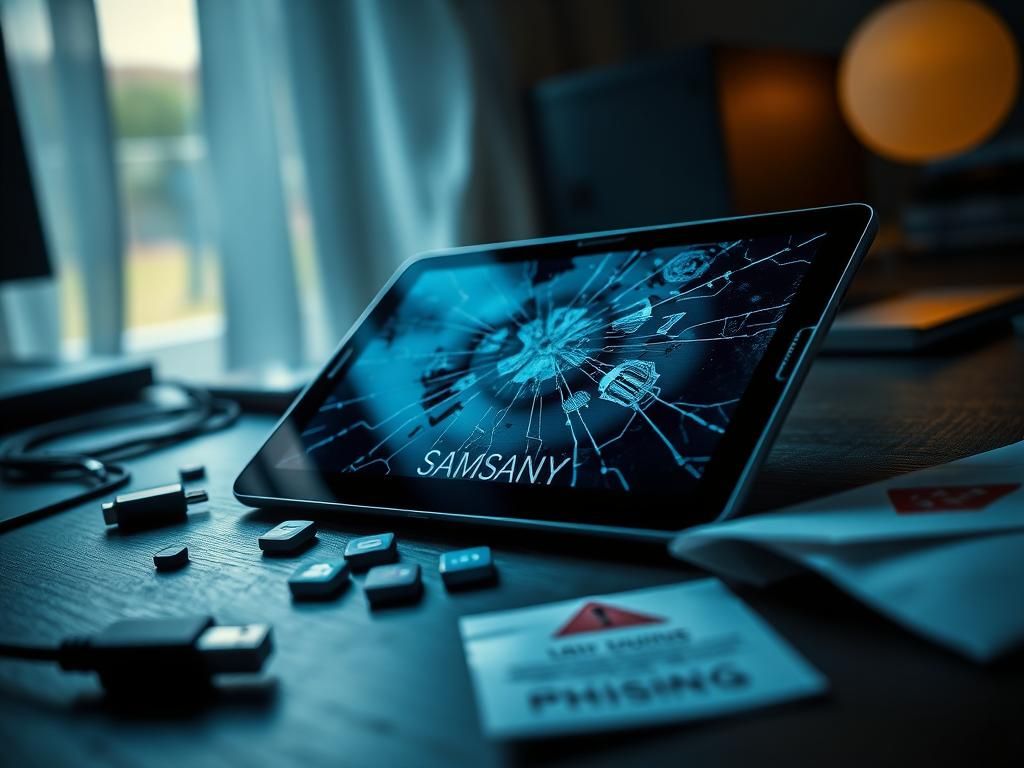 Flick International Close-up of a hacked Samsung Galaxy tablet with a cracked screen and glitching graphics