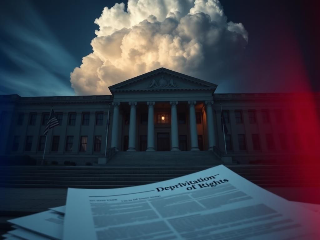 Flick International Dramatic exterior of a courthouse in Albany, New York at dusk with storm clouds overhead.