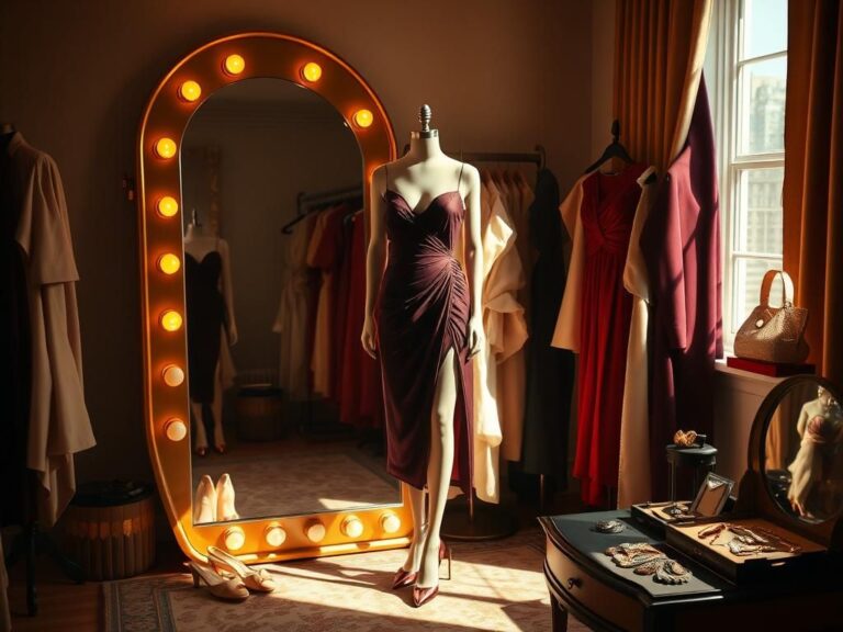 Flick International A luxurious dressing room featuring upscale fashion garments and accessories reflecting timeless glamour and sophistication.
