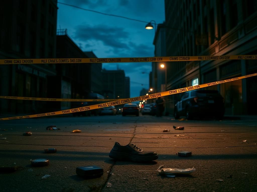 Flick International Aftermath of a violent brawl in downtown Cincinnati featuring debris and police barricade