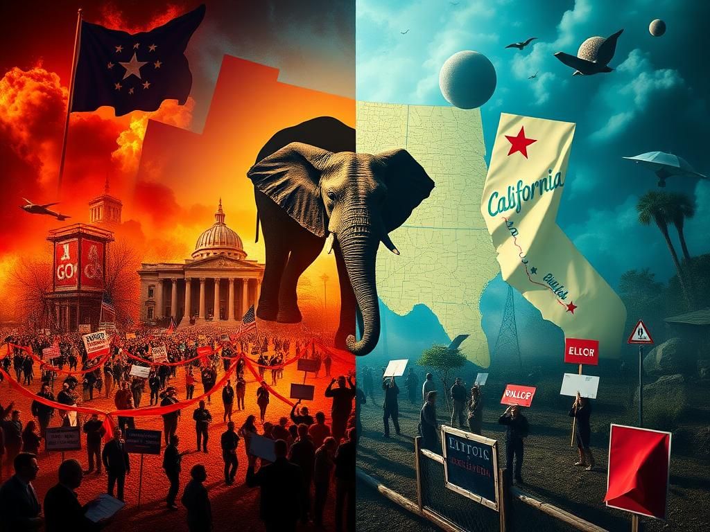 Flick International A split scene illustrating dramatic redistricting landscapes in Texas and California