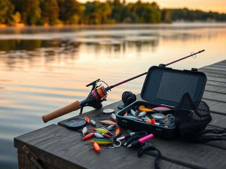 Flick International A picturesque lakeside scene featuring budget-friendly fishing gear on a wooden dock at dawn