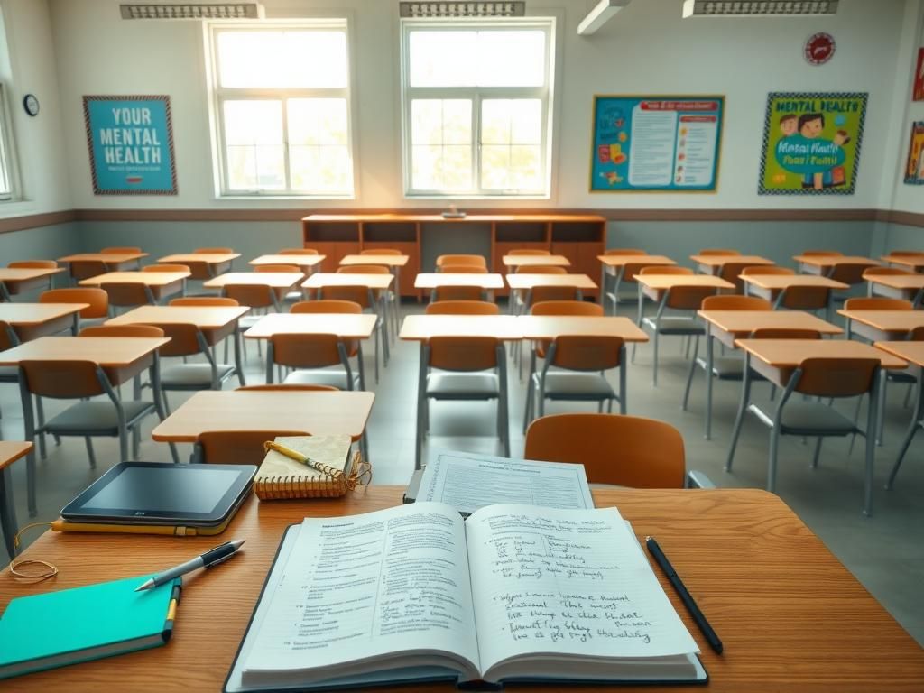 Flick International Classroom scene with empty desks and colorful mental health awareness posters