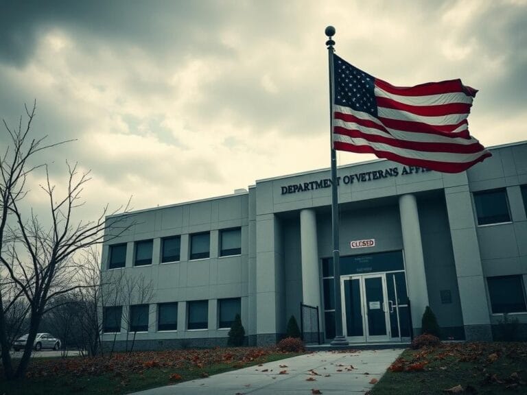 Flick International A Department of Veterans Affairs building with a closed clinic door and a weathered American flag, symbolizing policy changes affecting veterans' health services.