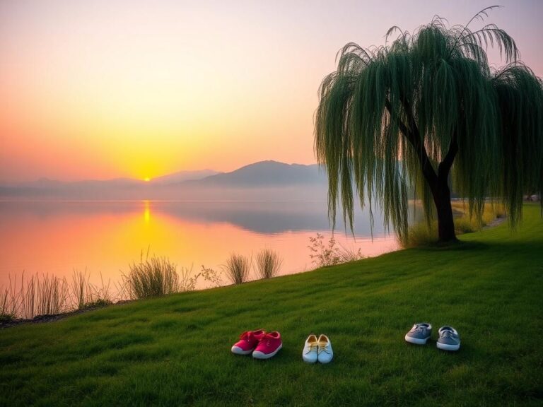Flick International A serene landscape at sunset reflecting warm hues over a calm lake with a weeping willow tree and children's shoes.