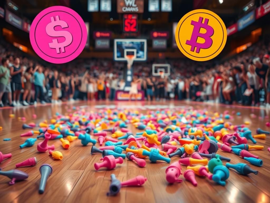 Flick International Colorful adult toys scattered across a WNBA basketball court during a game