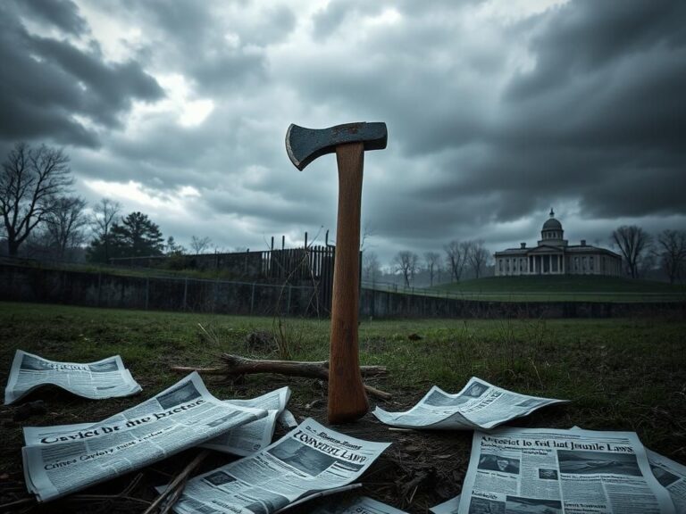 Flick International A rusted axe against an abandoned prison wall in Minnesota, symbolizing the violent past of David Brom.