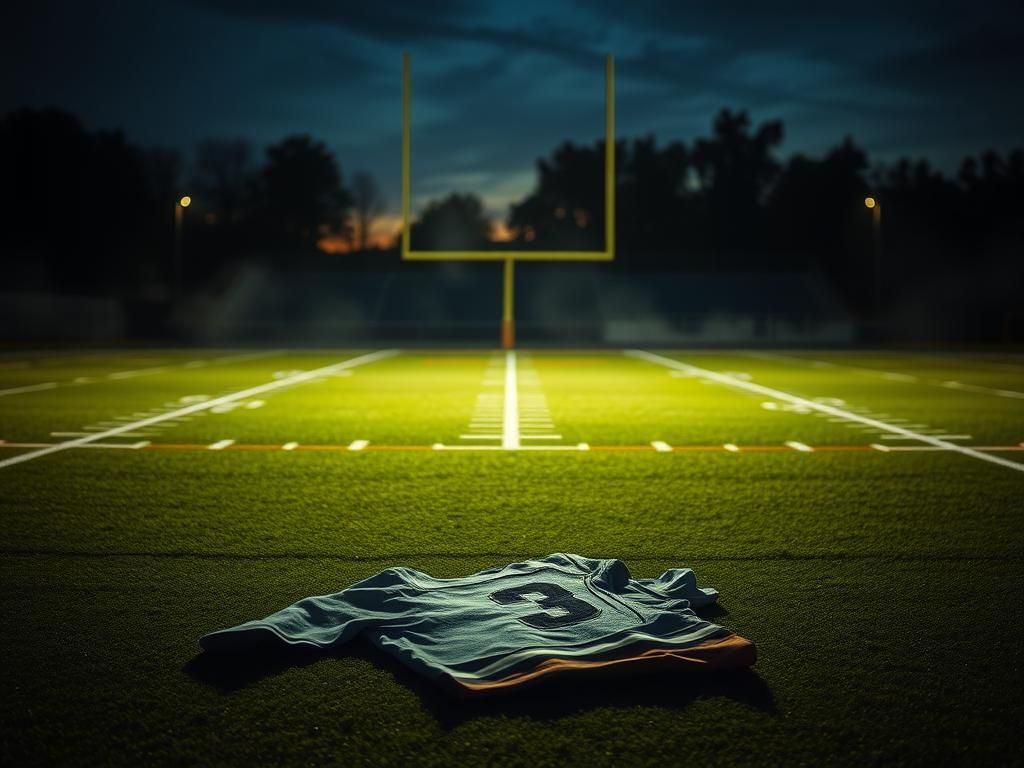 Flick International Shadow of an injured player's jersey on a twilight football practice field
