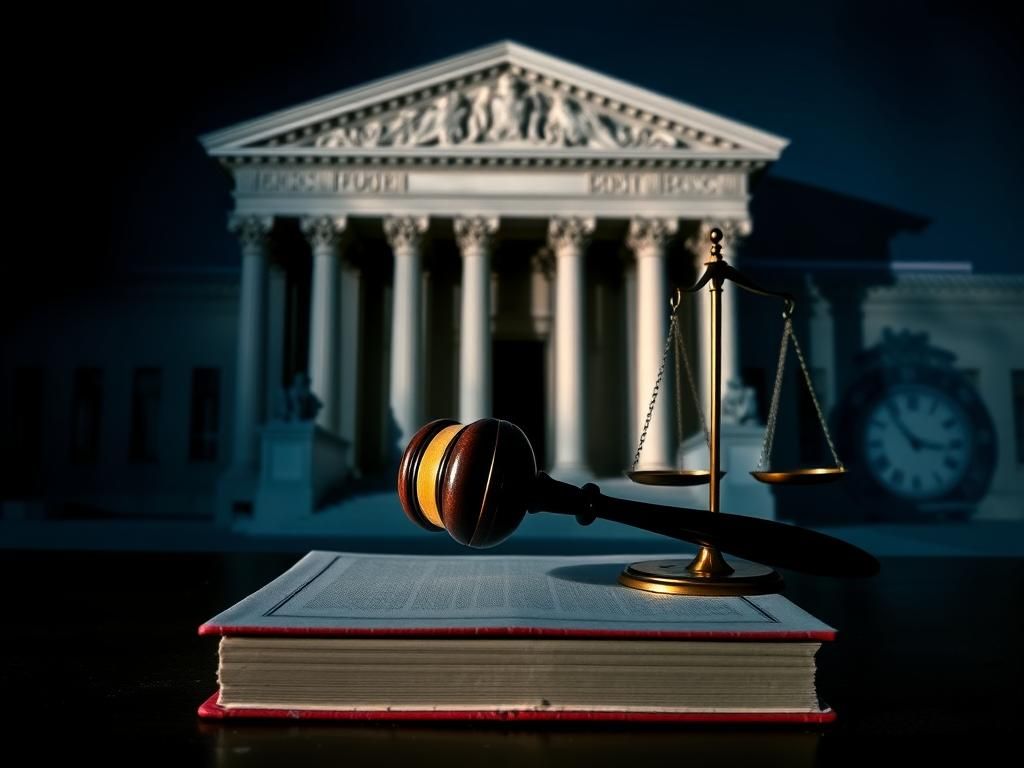 Flick International Dramatic courtroom scene with gavel and scales of justice symbolizing legal battle