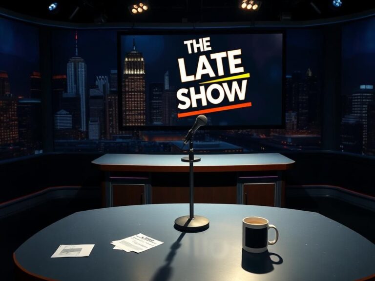 Flick International Empty late-night talk show desk with microphone signaling cancellation