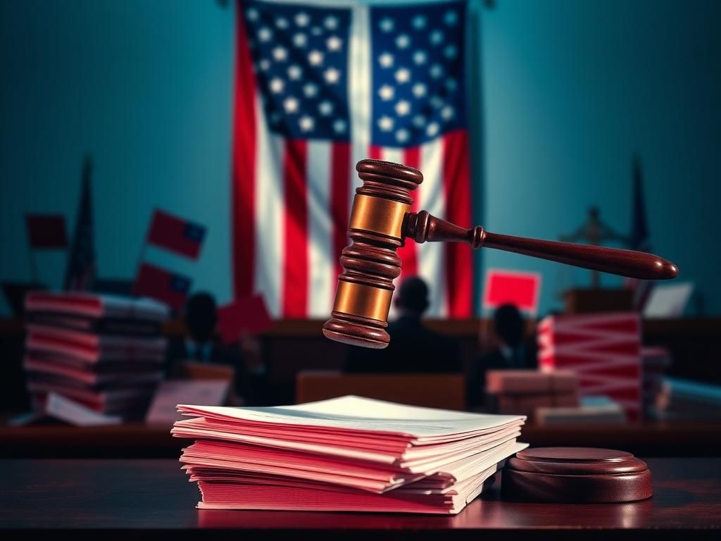 Flick International A dramatic courtroom scene illustrating a lawsuit with a gavel and legal documents.