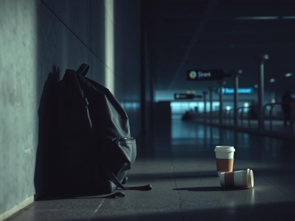 Flick International Dimly lit airport terminal scene capturing tension before a significant event