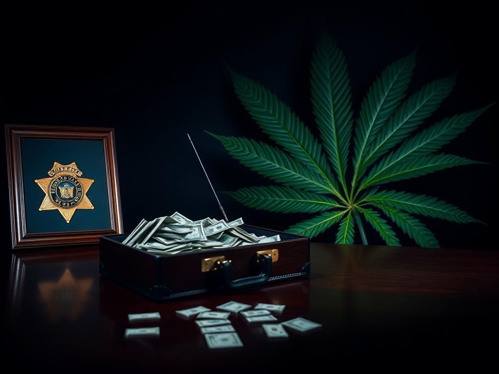 Flick International Open briefcase filled with cash on a polished wooden desk symbolizing corruption and extortion