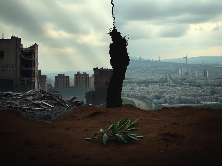 Flick International A divided cityscape representing the conflict in Gaza with crumbling buildings and urban silhouettes.