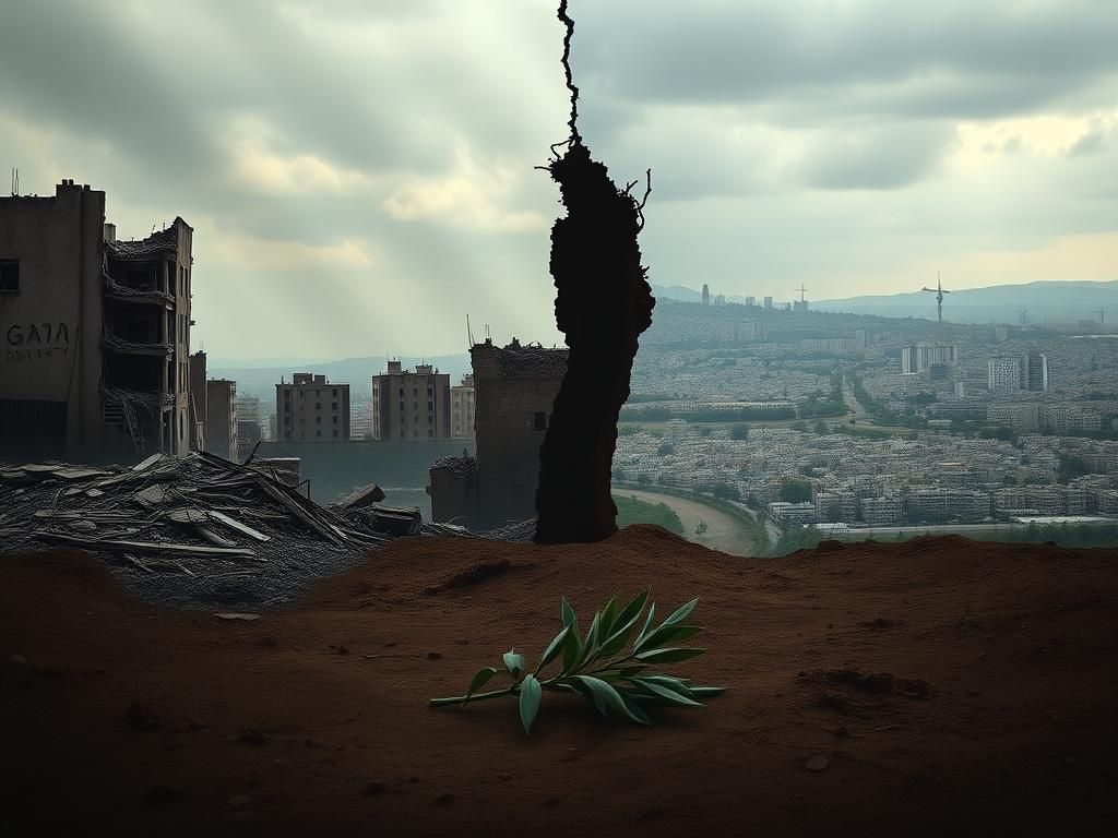 Flick International A divided cityscape representing the conflict in Gaza with crumbling buildings and urban silhouettes.