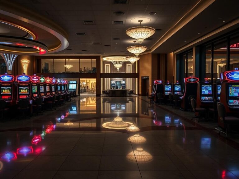 Flick International Vast empty casino floor in Las Vegas with vacant gaming tables and dim lighting