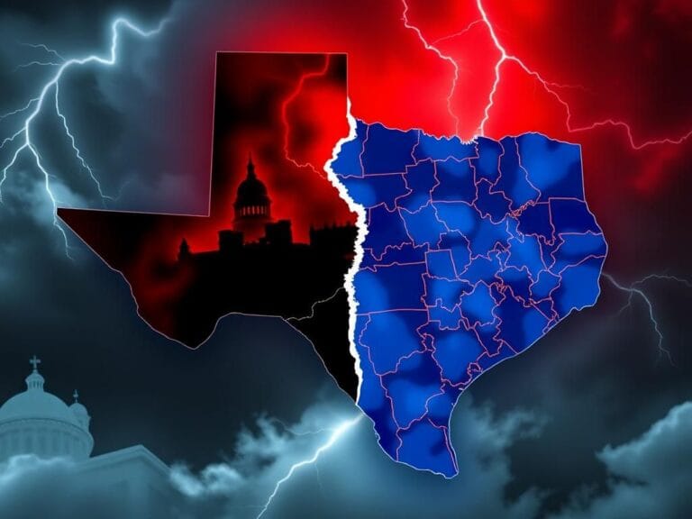 Flick International Abstract representation of a Texas map showing division between red and blue states
